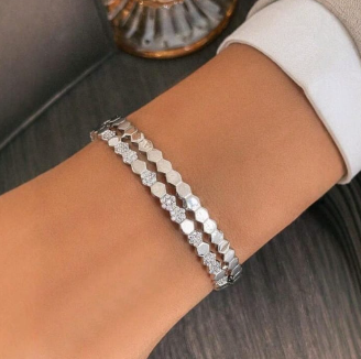 Silver Double-Layer Honeycomb Cuff Bangle – Crystal Accent