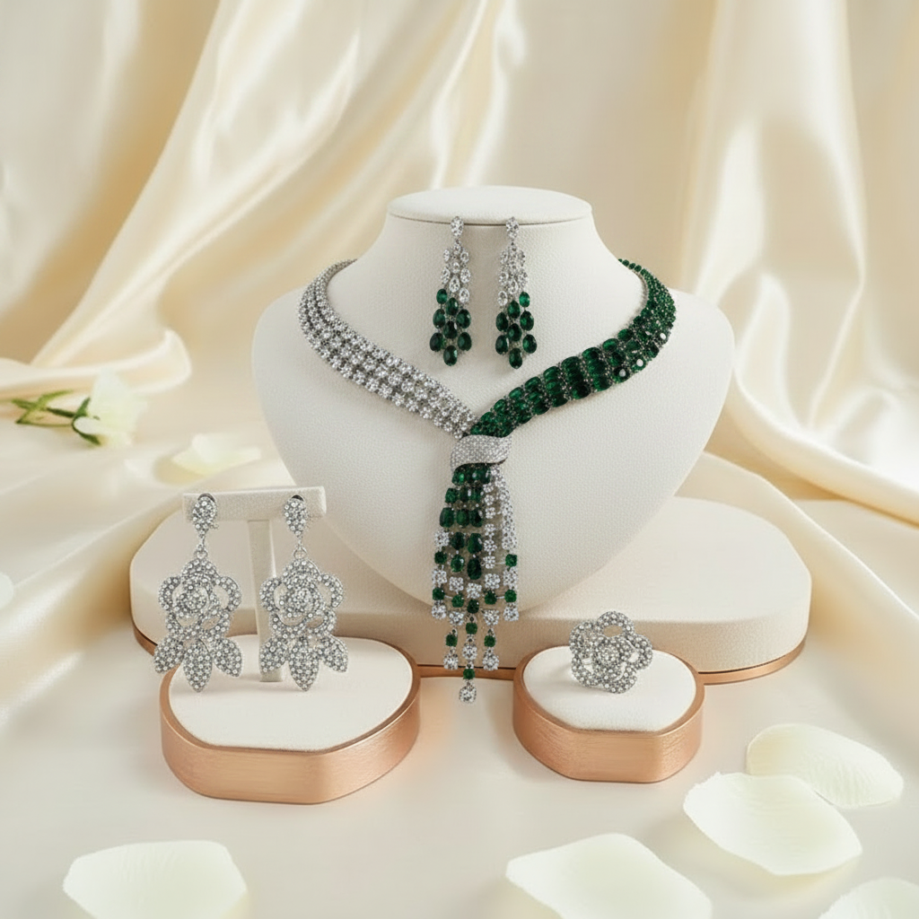 Luxury Crystal Rhinestone Tassel Necklace & Earrings Set – Silver / Emerald Green Item ID:-NH003