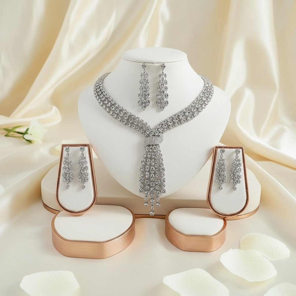 Luxury Crystal Rhinestone Tassel Necklace & Earrings Set – Silver / Emerald Green Item ID:-NH003