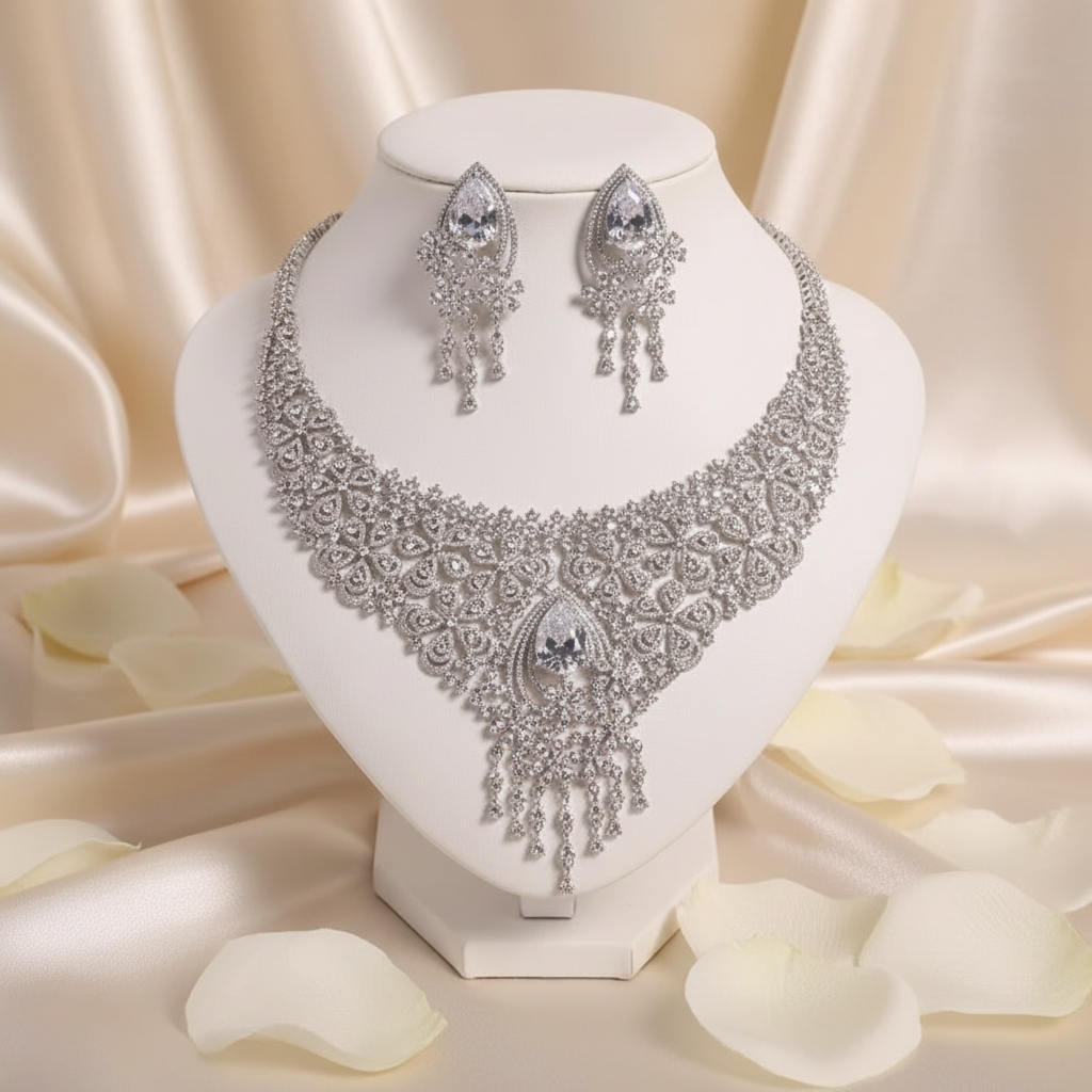 Luxury Bridal Floral Lace Necklace & Earrings Set – Gold / Silver | Turquoise, Pink & Clear Crystal Item Id:-NH005