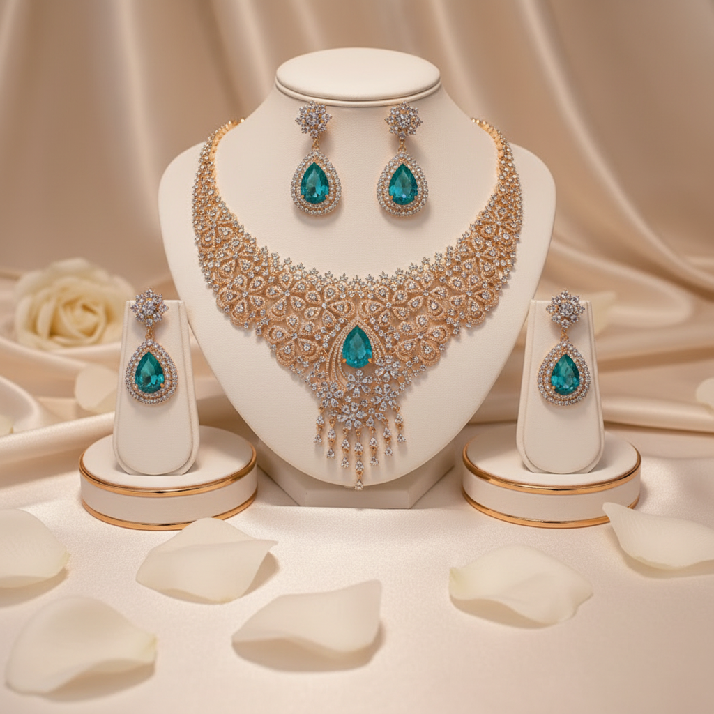 Luxury Bridal Floral Lace Necklace & Earrings Set – Gold / Silver | Turquoise, Pink & Clear Crystal Item Id:-NH005