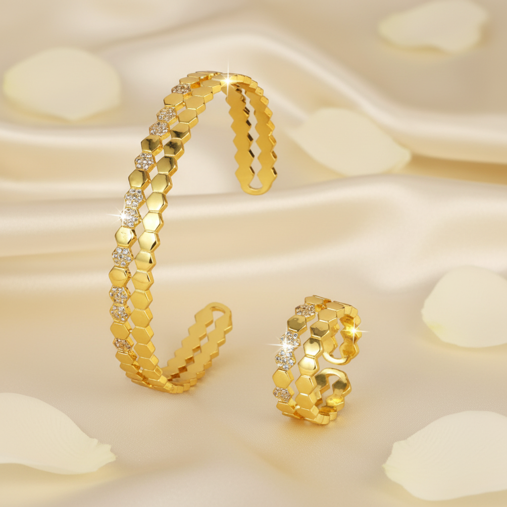 Honeycomb Bangle & Ring Set – Diamond Accent Jewellery