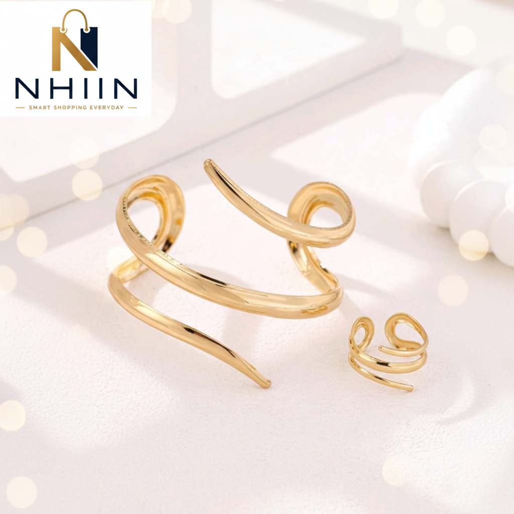 Minimalist Wave Ring Set – Bangle & Spiral Ring Duo