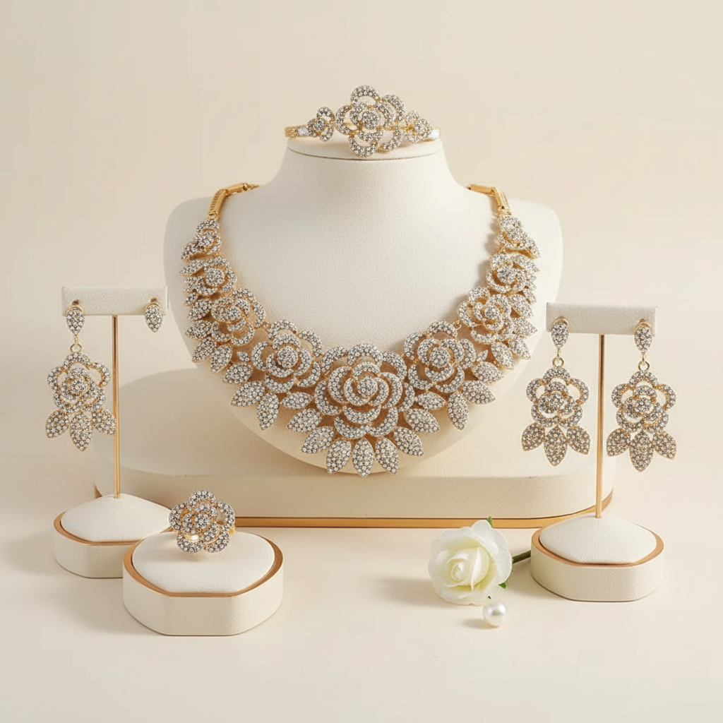 Luxury Rose Crystal Jewelry Set – Necklace, Earrings, Ring & Bracelet (Gold / Silver) Item ID:-NH001