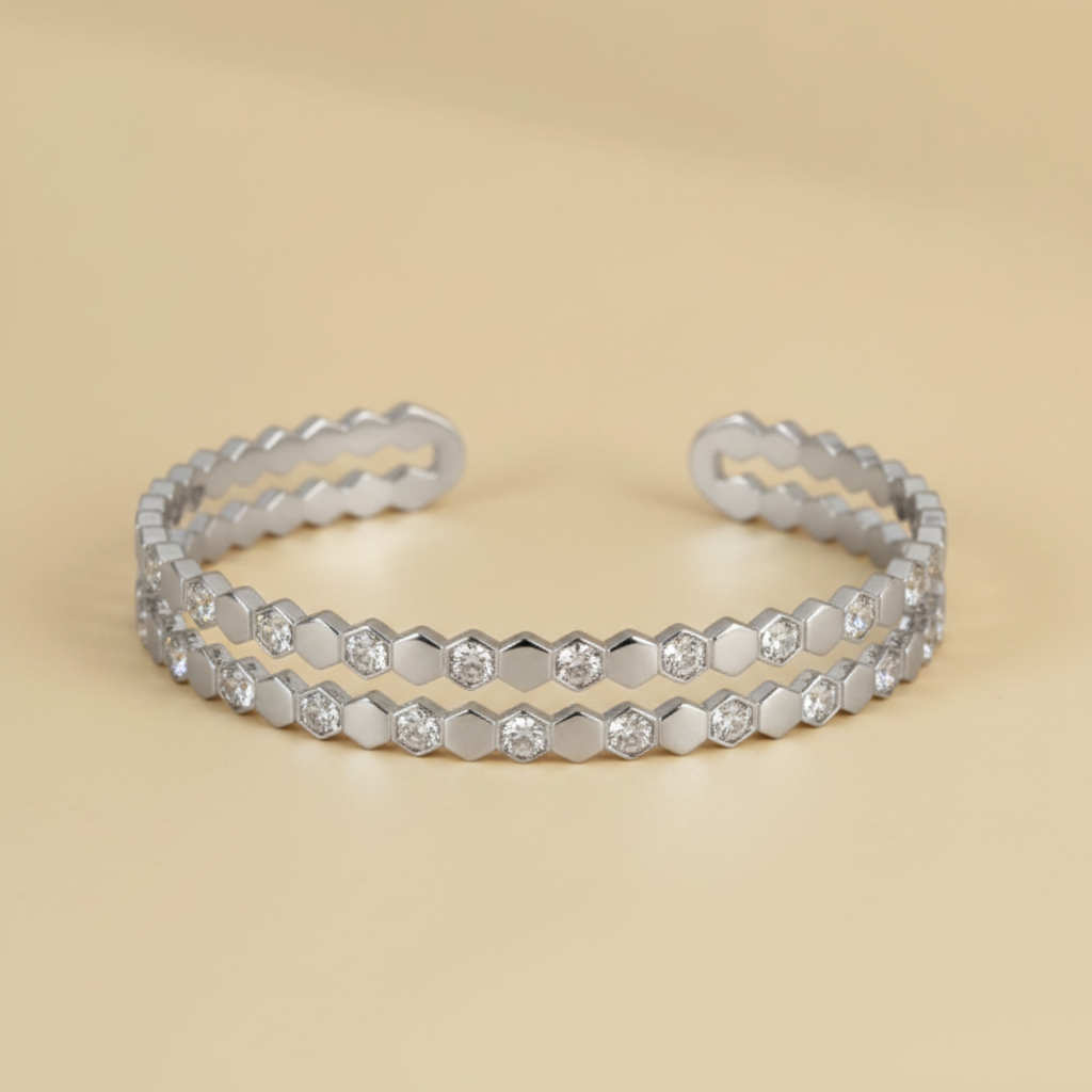 Silver Honeycomb Bangle – Beige Background