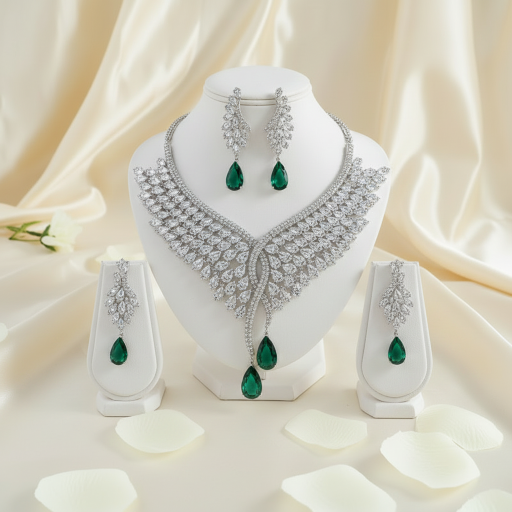 Luxury Crystal Wing Bib Necklace & Earrings Set – Silver / Ruby / Emerald Green Item ID :-NH004
