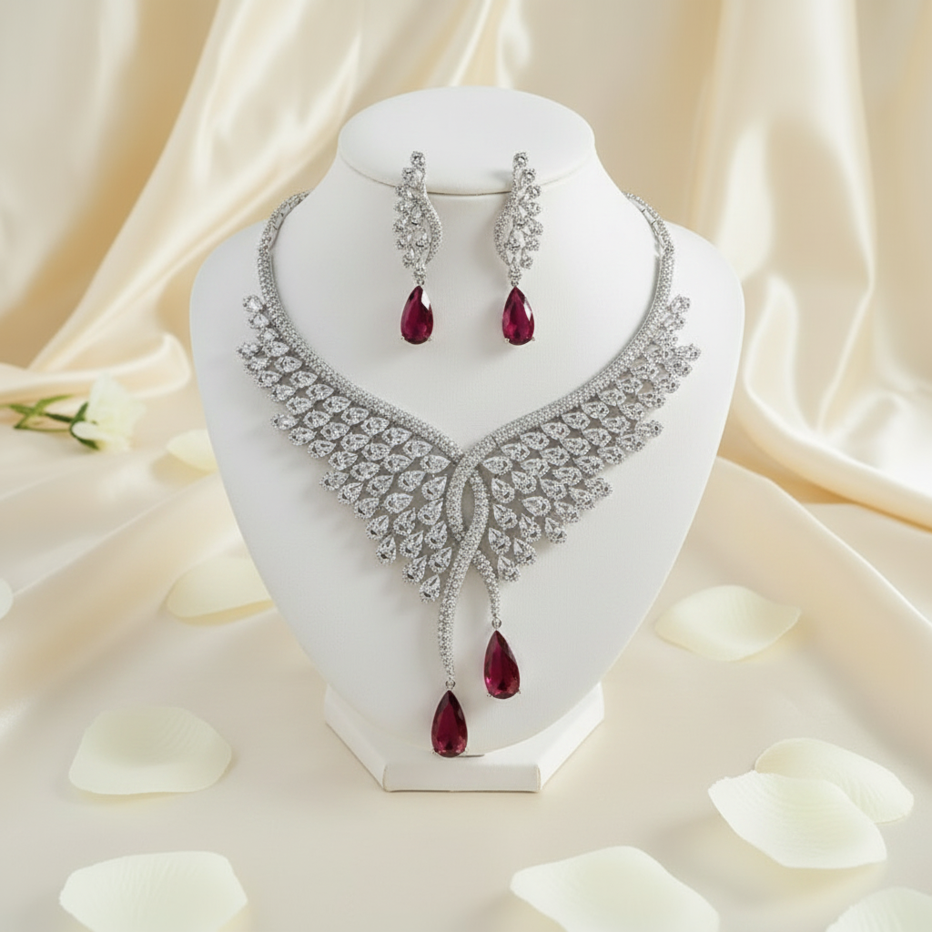 Luxury Crystal Wing Bib Necklace & Earrings Set – Silver / Ruby / Emerald Green Item ID :-NH004